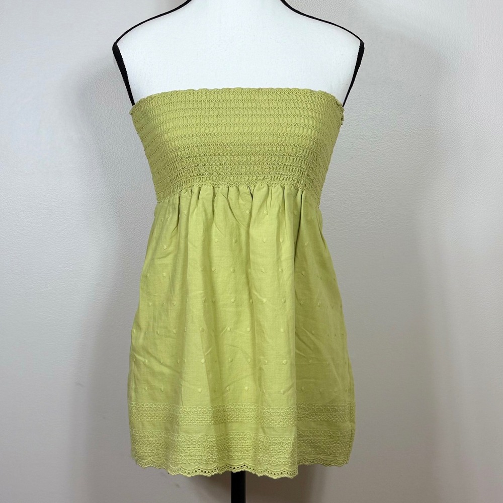 Y2K Abercrombie & Fitch Smocked Strapless Tunic Top M Green Cotton Silk Summer